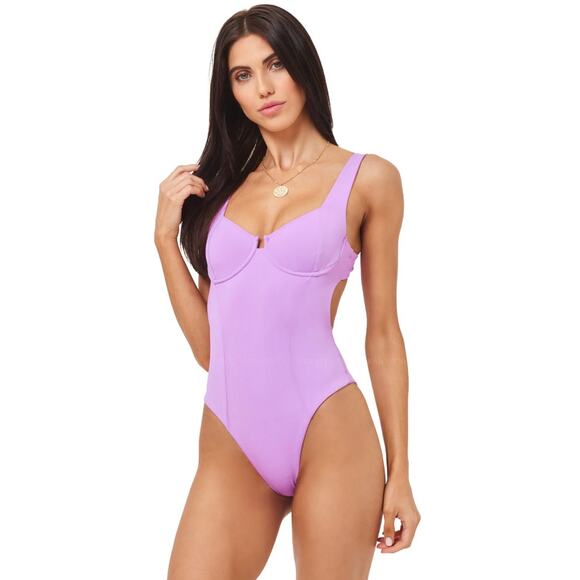 L*SPACE Kendal One Piece Swimsuit Small Purple Lavender Cut Out Tie Back NWT - Picture 1 of 12